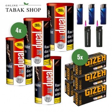 Ducal Rot Tabak (4 x 168g) + 1.000 Gizeh Full Flavor Extra Hülsen + 3 Feuerzeuge + 2 Sturmfeuerzeuge