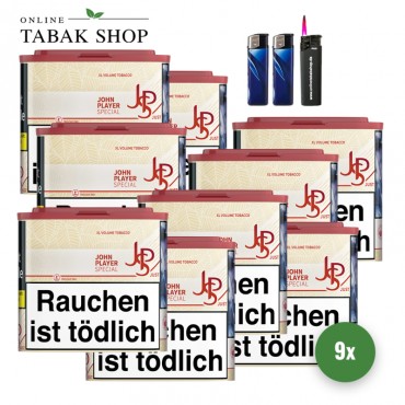JPS Just XL Volumentabak (9 x 36g) + 1.000 Hülsen + 2 Feuerzeuge + 1 Sturmfeuerzeug