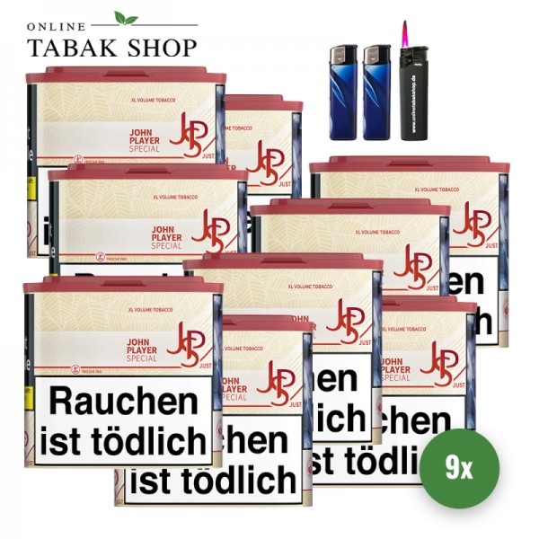 JPS Just XL Volumentabak (9 x 36g) + 1.000 Hülsen + 2 Feuerzeuge + 1 Sturmfeuerzeug