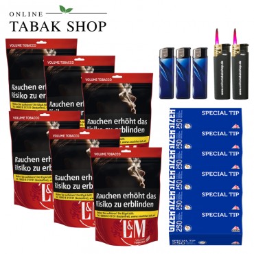 L&M Volumen Tabak Red Rot XL Beutel (6 x 85g) + 1.500 Gizeh Special Tip Hülsen + 3 Feuerzeuge + 2 Sturmfeuerzeuge