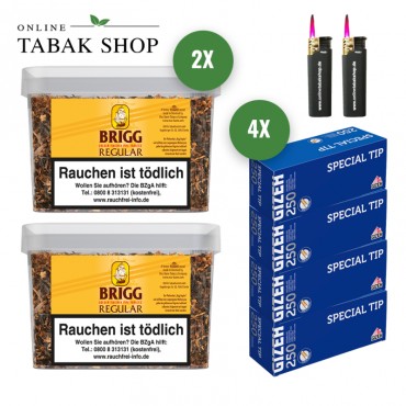 Brigg Regular Pfeifentabak (2x 350g) + 1000 Gizeh Special Hülsen + 2x Sturmfeuerzeuge