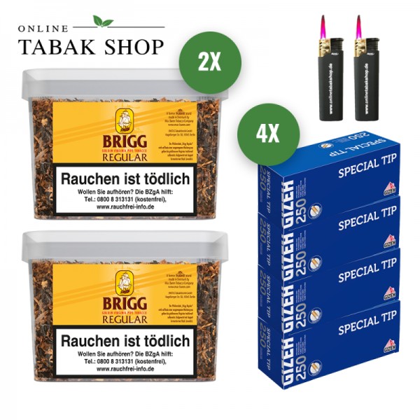 Brigg Regular Pfeifentabak (2x 350g) + 1000 Gizeh Special Hülsen + 2x Sturmfeuerzeuge