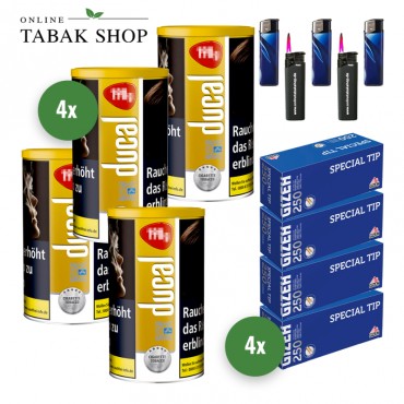 Ducal Gold Tabak (4 x 168g) + 1.000 GIZEH Special Tip Hülsen + 3 Feuerzeuge + 2 Sturmfeuerzeuge