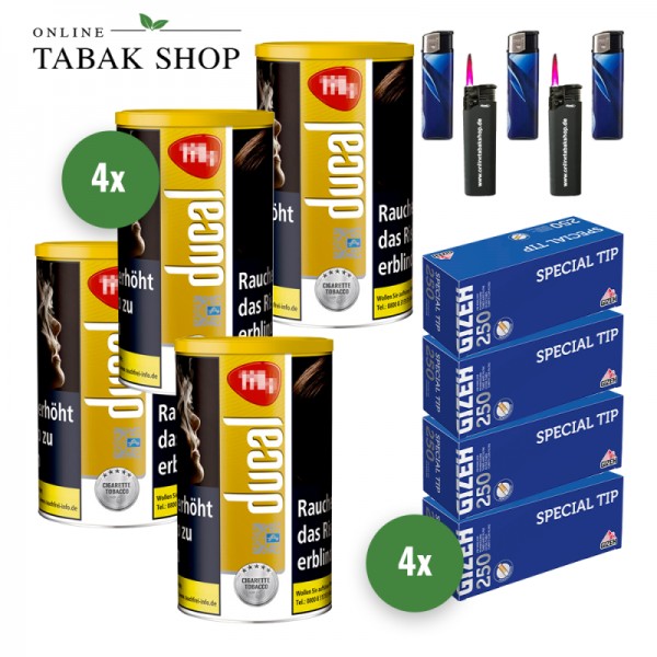 Ducal Gold Tabak (4 x 168g) + 1.000 GIZEH Special Tip Hülsen + 3 Feuerzeuge + 2 Sturmfeuerzeuge