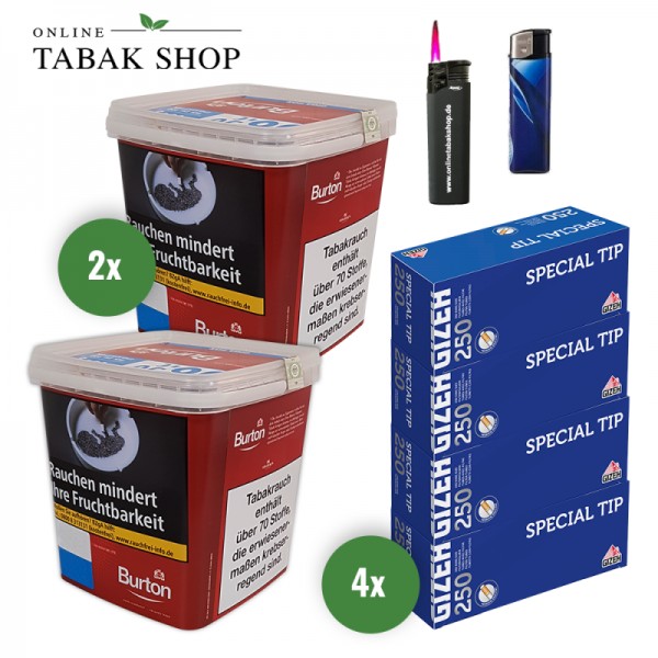 BURTON Full Red (2 x 400g) + 1.000 GIZEH Special Tip Hülsen + 1 Sturmfeuerzeug + 1 Feuerzeug
