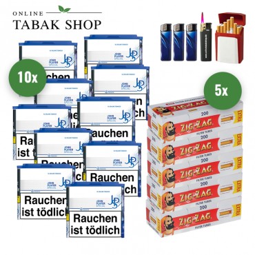 JPS Blue XL Volumentabak (10 x 36g) + 1.000 Zig-Zag Extra Hülsen + 1 Sturmfeuerzeug + 3 Feuerzeuge + 1 Gizeh Etui