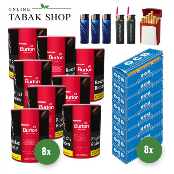 Burton Red Zigaretten Tabak (8 x 120g) + 1.600 OCB Hülsen + 3 Feuerzeuge + 2 Sturmfeuerzeuge + 1 GIZEH Etui