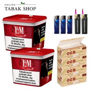 L&M Red Volumen Tabak Super Box (2 x 185g) + 1.250 OCB Organic Hülsen + 3 Feuerzeuge + 2 Sturmfeuerzeuge