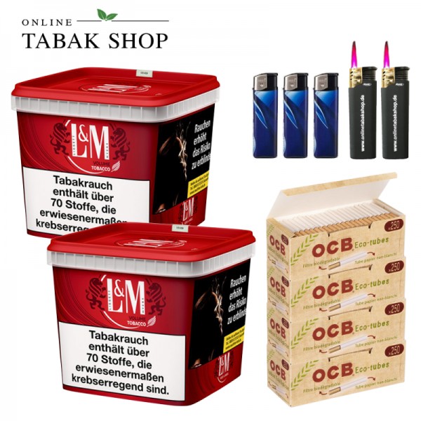 L&M Red Volumen Tabak Super Box (2 x 185g) + 1.250 OCB Organic Hülsen + 3 Feuerzeuge + 2 Sturmfeuerzeuge