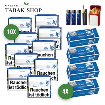 JPS Blue XL Volumentabak (10 x 36g) + 1.000 L&M Blau Extra Hülsen + 1 Sturmfeuerzeug + 3 Feuerzeuge + 1 Gizeh Etui