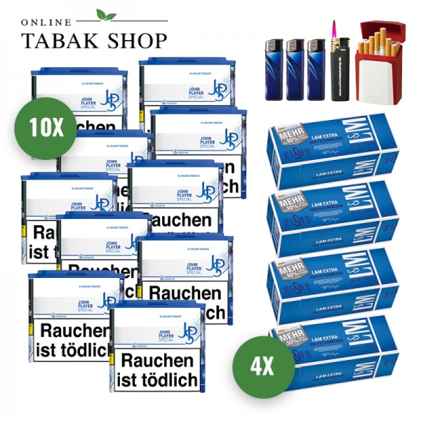JPS Blue XL Volumentabak (10 x 36g) + 1.000 L&M Blau Extra Hülsen + 1 Sturmfeuerzeug + 3 Feuerzeuge + 1 Gizeh Etui