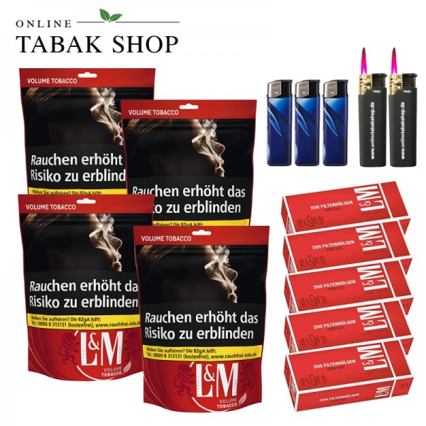 L&M Volumen Tabak Red XL (4 x 85g) + 1.000 L&M Red Hülsen + 3 Feuerzeuge + 2 Sturmfeuerzeuge