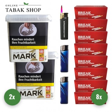 Mark Adams 1 Gold Volumen Tabak (2 x 400g) + 1.600 Break Hülsen + 1 Sturmfeuerzeug + 2 Feuerzeuge