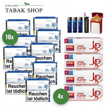 JPS Blue XL Volumentabak (10 x 36g) + 1.000 JPS Special Size Hülsen + 1 Sturmfeuerzeug + 3 Feuerzeug + 1 Gizeh Etui