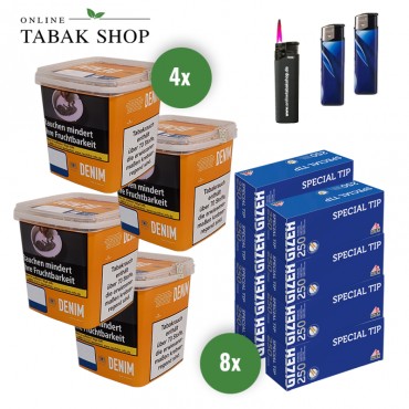 Denim Giga Box (4 x 330g) + 2.000 Gizeh Special Tip Hülsen + 1 Sturmfeuerzeug + 2 Feuerzeuge