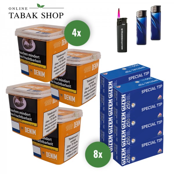Denim Giga Box (4 x 330g) + 2.000 Gizeh Special Tip Hülsen + 1 Sturmfeuerzeug + 2 Feuerzeuge