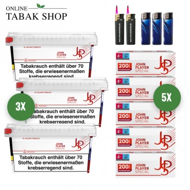 JPS Rot XL Volumen Tabak Mega Box (3 x 100g) + 1.000 JPS Red Hülsen+ 3 Feuerzeuge + 2 Sturmfeuerzeuge