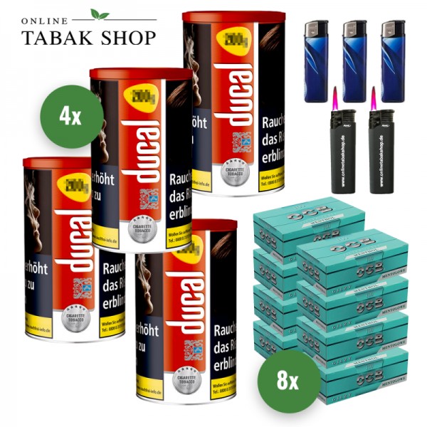 Ducal Rot Tabak (4 x 168g) + 800 OCB Menthol Hülsen + 3 Feuerzeuge + 2 Sturmfeuerzeuge