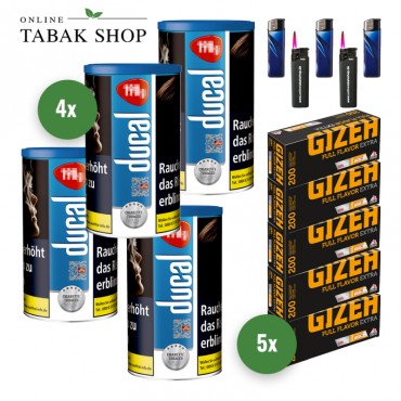 Ducal Blue Tabak (4 x 168g) + 1.000 Gizeh Full Flavor Extra Hülsen + 3 Feuerzeuge + 2 Sturmfeuerzeuge