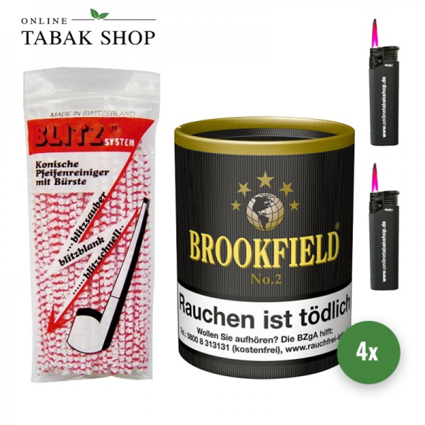 Brookfield No.2 Pfeifentabak (4x 200g) + 80 BLITZ Pfeifenreiniger + 2 Sturmfeuerzeuge