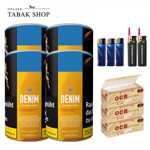 Denim Volumentabak (4 x 90g) + 750 OCB Organic Hülsen + 3 Feuerzeuge + 2 Sturmfeuerzeuge