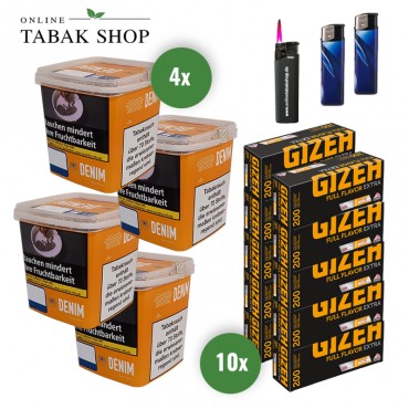 Denim Giga Box (4 x 330g) + 2.000 Gizeh Full Flavor Extra Hülsen + 1 Sturmfeuerzeug + 2 Feuerzeuge