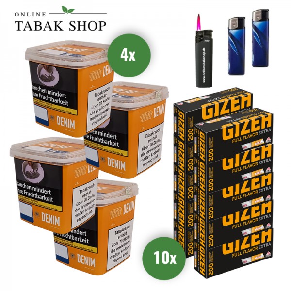 Denim Giga Box (4 x 330g) + 2.000 Gizeh Full Flavor Extra Hülsen + 1 Sturmfeuerzeug + 2 Feuerzeuge