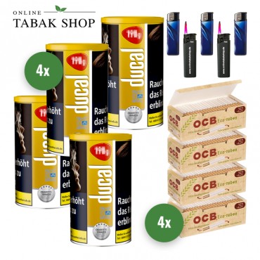 Ducal Gold Tabak (4 x 168g) + 1.000 OCB Organic Hülsen + 3 Feuerzeuge + 2 Sturmfeuerzeuge