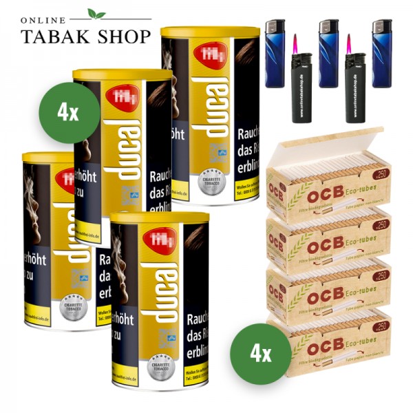 Ducal Gold Tabak (4 x 168g) + 1.000 OCB Organic Hülsen + 3 Feuerzeuge + 2 Sturmfeuerzeuge