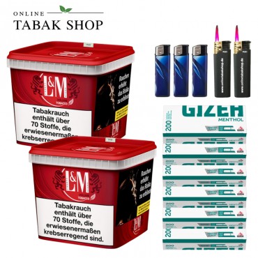 L&M Red Volumen Tabak Super Box (2 x 185g) + 1.200 Gizeh Menthol Hülsen + 3 Feuerzeuge + 2 Sturmfeuerzeuge