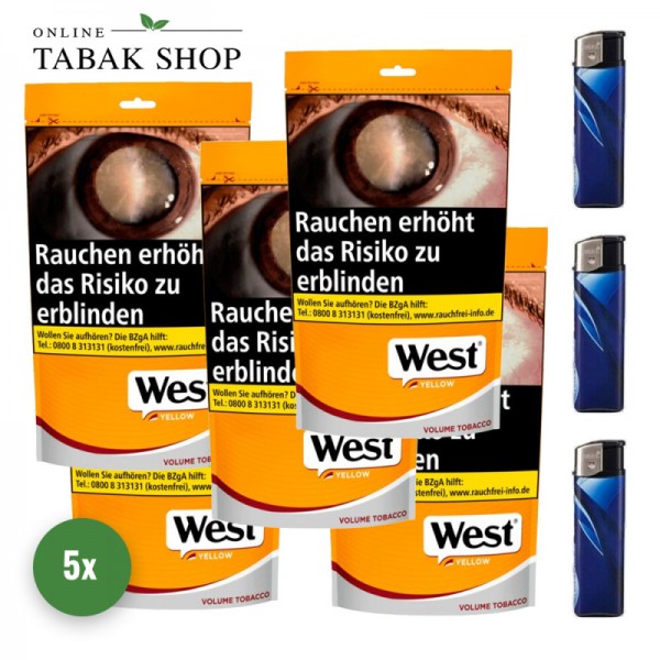 West Yellow Fairwind Volumen Tabak (5 x 155g) + 3 Feuerzeuge