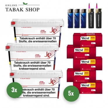 JPS Rot XL Volumen Tabak Mega Box (3 x 100g) + 1.000 West Red Hülsen + 3 Feuerzeuge + 2 Sturmfeuerzeuge