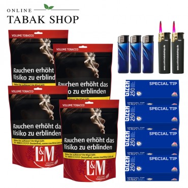 L&M Volumen Tabak Red XL (4 x 85g) + 1.000 Gizeh Special Tip Hülsen + 3 Feuerzeuge + 2 Sturmfeuerzeuge