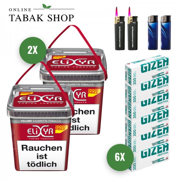 Elixyr Rot Volumen Tabak (2 x 260g) + 1.200 Gizeh Menthol Hülsen + 2 Feuerzeuge + 2 Sturmfeuerzeuge