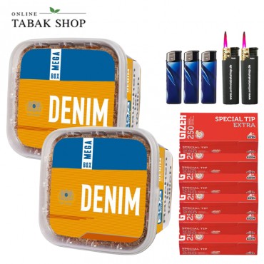 Denim Volumentabak (2 x 220g) + 1.500 GIZEH Special Tip Extra Hülsen + 3 Feuerzeuge + 2 Sturmfeuerzeuge