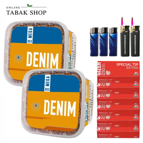 Denim Volumentabak (2 x 220g) + 1.500 GIZEH Special Tip Extra Hülsen + 3 Feuerzeuge + 2 Sturmfeuerzeuge
