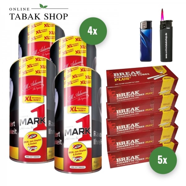 Mark 1 Feinschnitt Tabak (4 x 120g) + 1.000 Break PLUS Hülsen + 1 Sturmfeuerzeug + 1 Feuerzeug