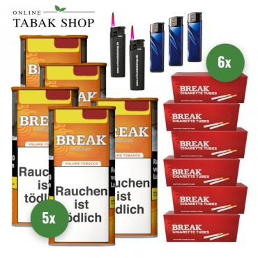 BREAK Orange Tabak (5 x 85g) + 1.200 BREAK Hülsen + 3 Feuerzeuge + 2 Sturmfeuerzeuge