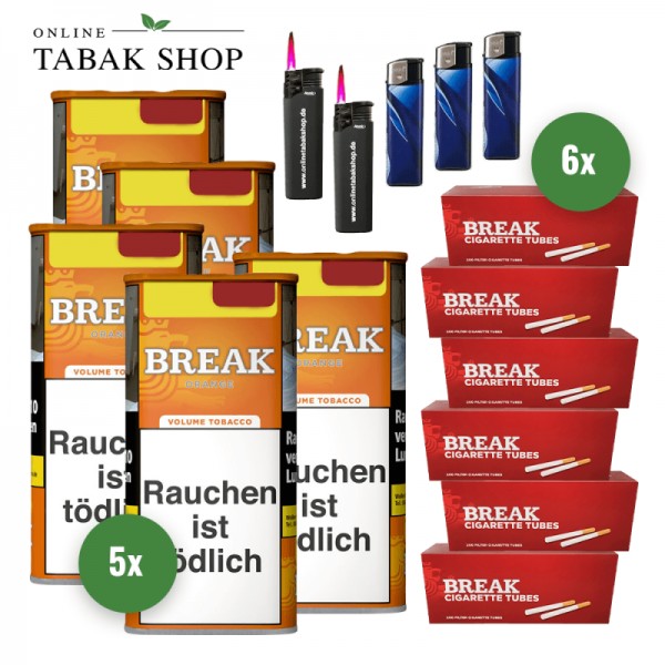BREAK Orange Tabak (5 x 85g) + 1.200 BREAK Hülsen + 3 Feuerzeuge + 2 Sturmfeuerzeuge