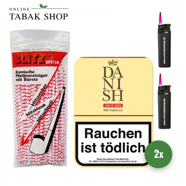 Danish Dice Mix Pfeifentabak (2 x 100g) + 80 BLITZ Pfeifenreiniger + 2 Sturmfeuerzeuge
