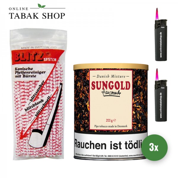 Danish Mixture Sungold Pfeifentabak (3 x 200g) + 80 Blitz Pfeifenreiniger + 2 Sturmfeuerzeuge
