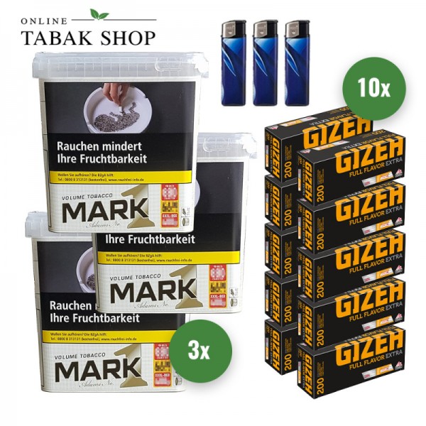 Mark 1 Adams Gold Volumentabak (3 x 400g) + 2.000 Gizeh Full Flavor Extra Hülsen + 3 Feuerzeuge