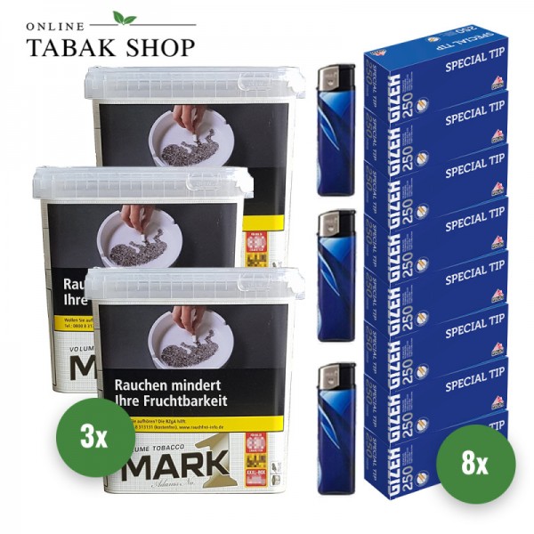 Mark 1 Adams Gold Volumentabak (3 x 400g) + 2.000 GIZEH Special Tip Hülsen + 3 Feuerzeuge