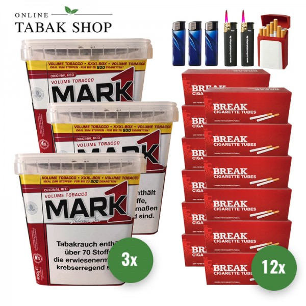 Mark 1 Volumen Tabak (3 x 400g) + 2.400 Break Hülsen + 2 Sturmfeuerzeug + 3 Feuerzeuge + 1 Gizeh Etui
