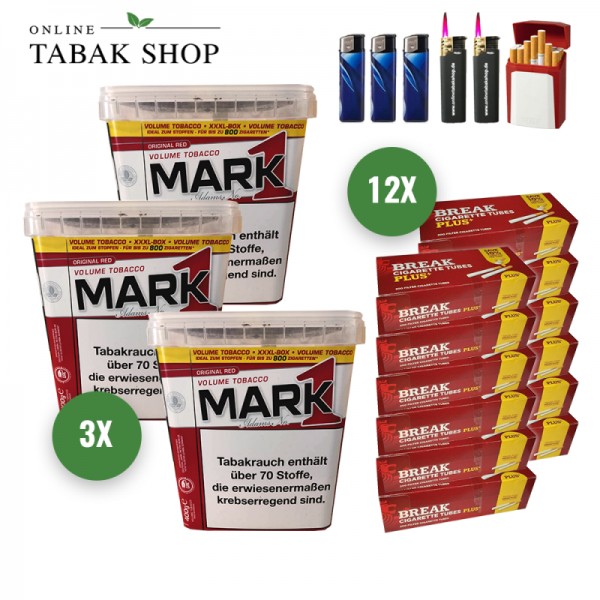 Mark 1 Volumen Tabak (3 x 400g) + 2.400 Break PLUS Hülsen + 2 Sturmfeuerzeug + 3 Feuerzeuge + 1 Gizeh Etui