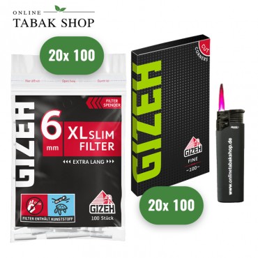 GIZEH BLACK XL Slim Filter 6mm (20 x 100er) + GIZEH Fine Green Magnet Blättchen (20x 100er) + 1 Sturmfeuerzeug