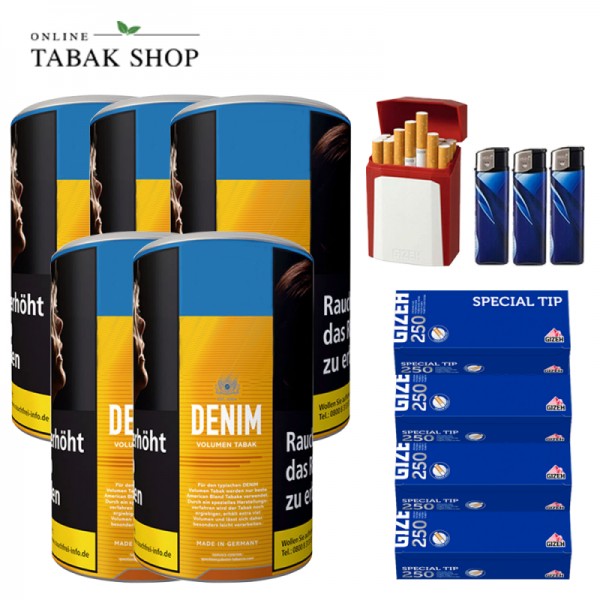 Denim Volumentabak (5 x 90g) + 1.000 Gizeh Special Tip Hülsen + 3 Feuerzeuge + 1 Gizeh Etui