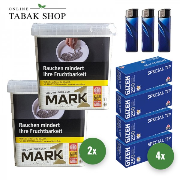 Mark 1 Adams Gold Volumentabak (2 x 400g) + 1.000 Gizeh Special Tip Hülsen + 3 Feuerzeuge