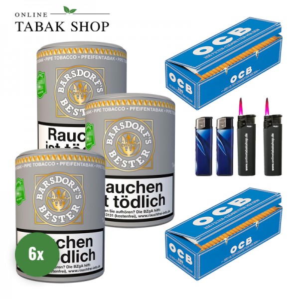 Barsdorf's Bester Bright Virginia (3 x 160g) + 400 OCB Hülsen + 2 Sturmfeuerzeuge + 2 Feuerzeuge