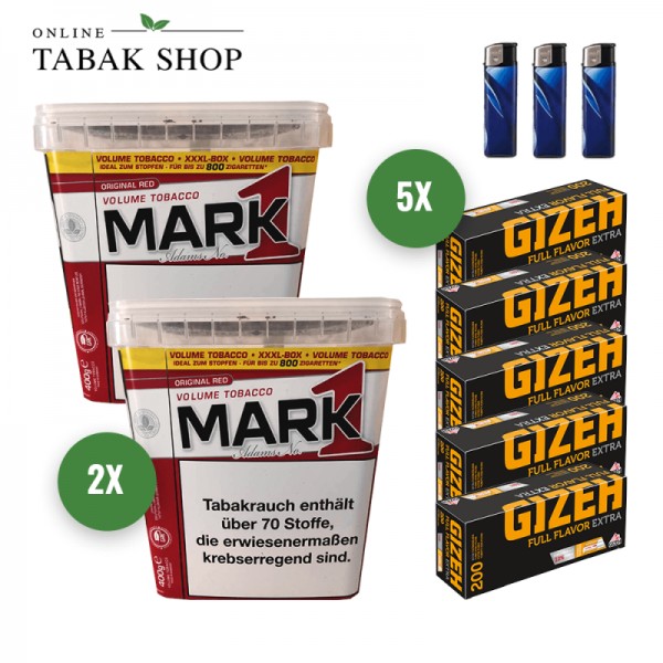 Mark 1 Adams Volumentabak (2 x 400g) + 1.000 Gizeh Full Flavor Extra Hülsen + 3 Feuerzeuge
